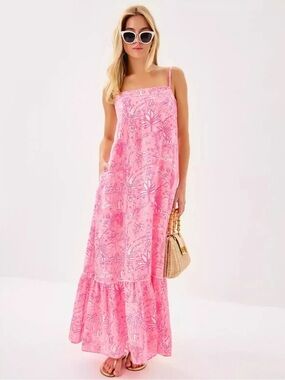 Lilly Pulizter Rozalie Linen Maxi Dress in “Conch Shell Pink Penny’s Playground
